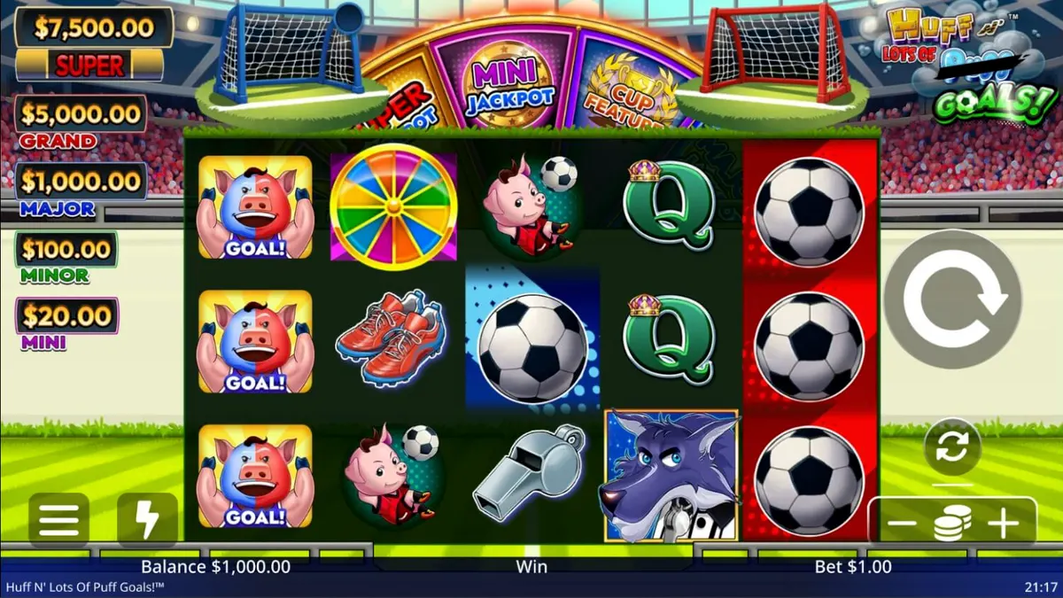Tampilan visual slot Huff N' Lots of Goals dengan tema sepak bola dan tiga babi kecil